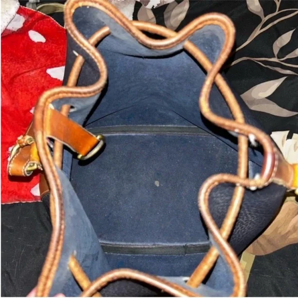 Vintage Dooney & Bourke Navy Blue & Tan Leather Drawstring
Bucket Bag - Picture 5 of 6